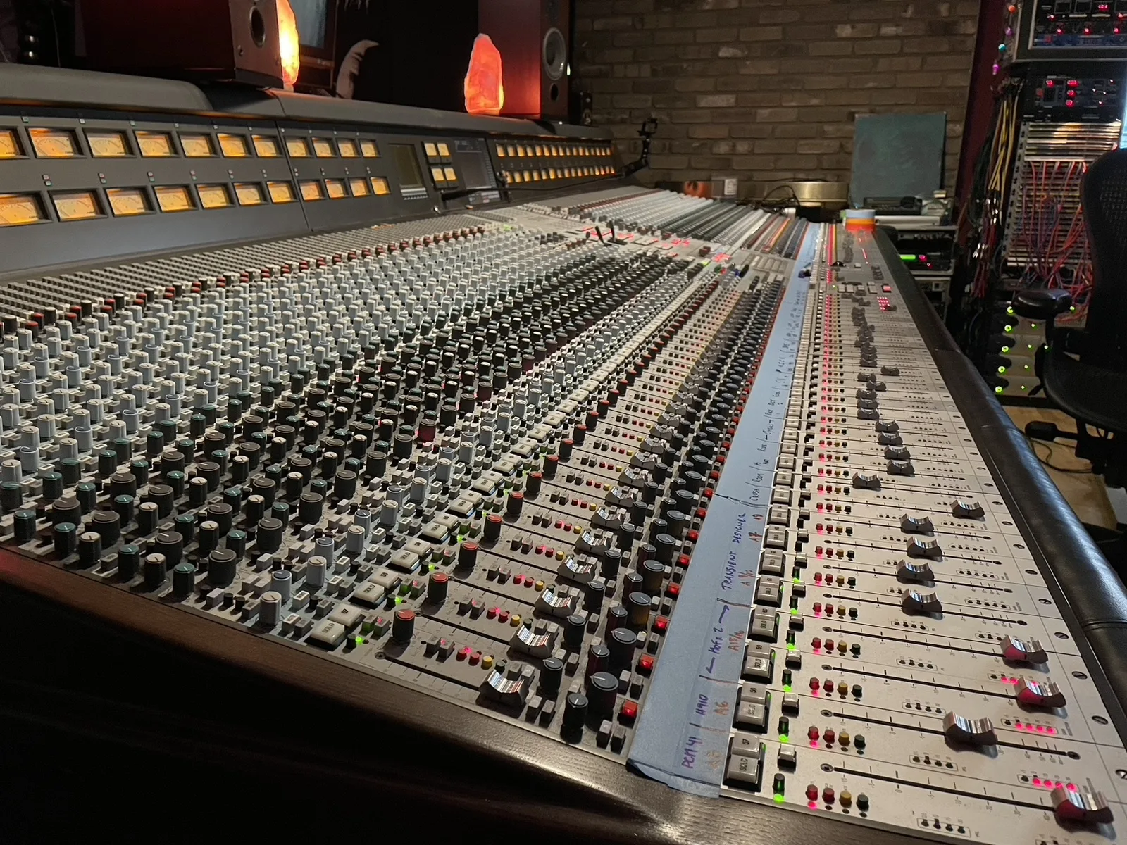 Close view of the AMEK 9098i controls at World Famous Studios